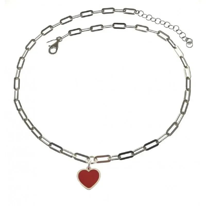 Gargantilla plata Ley 925m mujer corazón colgante esmaltado rojo cade