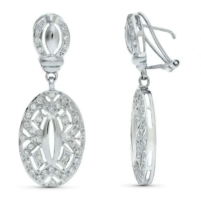Pendientes largos oro blanco 18k mujer 40 mm. ovalados circonitas for