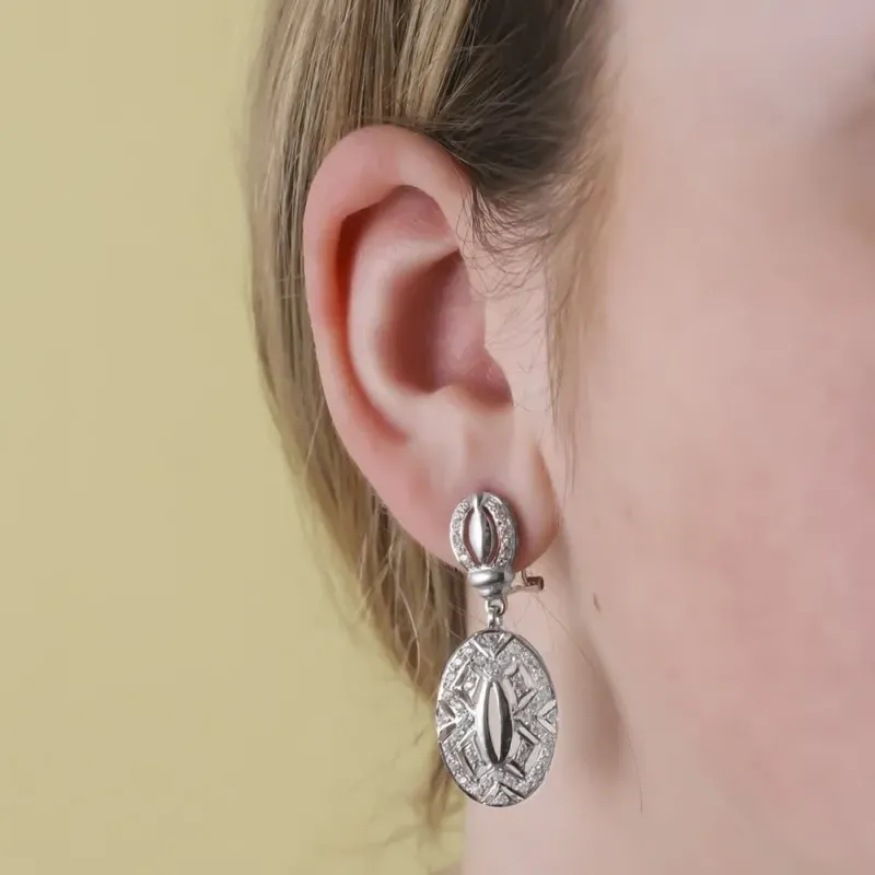 Pendientes largos oro blanco 18k mujer 40 mm. ovalados circonitas for