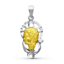 Virgen Niña medalla oro bicolor 18k colgante Primera Comunión 25 mm.
