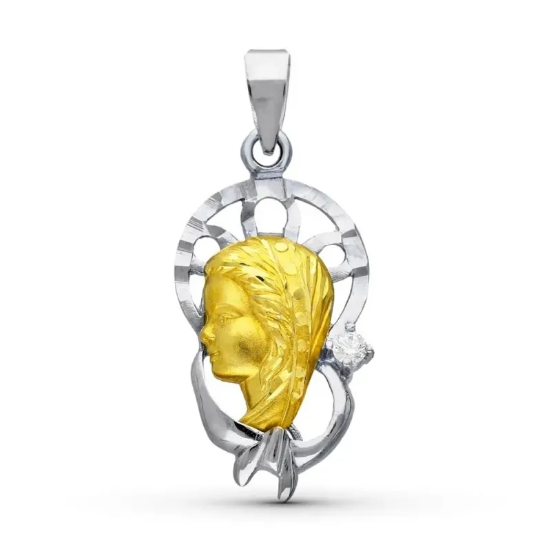 Virgen Niña medalla oro bicolor 18k colgante Primera Comunión 25 mm.