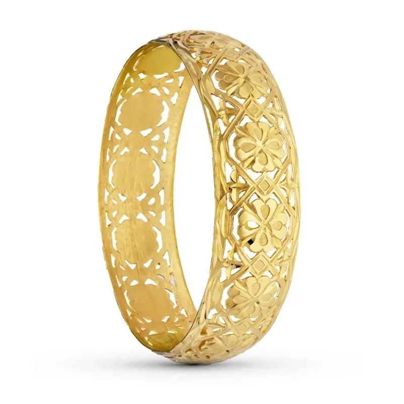 Pulsera Oro 18k rígida flores motivos calados brazalete media caña