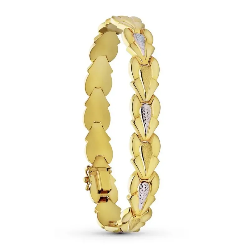 Pulsera Oro Bicolor 18k mujer eslabones formas combinadas detalles es