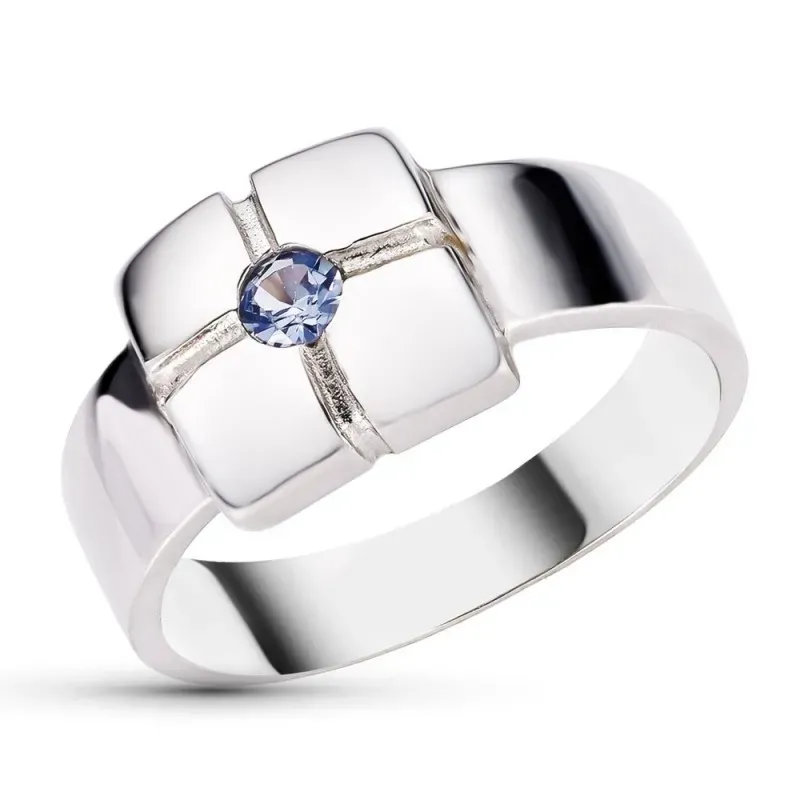Sortija Oro Blanco 18k mujer centro cabeza circonita azul detalle lin