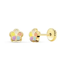 Pendientes Oro 18k niña 5.5 mm. forma flor esmaltada colores combinad