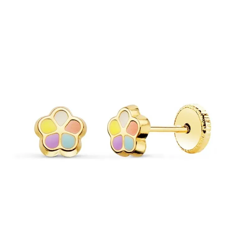 Pendientes Oro 18k niña 5.5 mm. forma flor esmaltada colores combinad