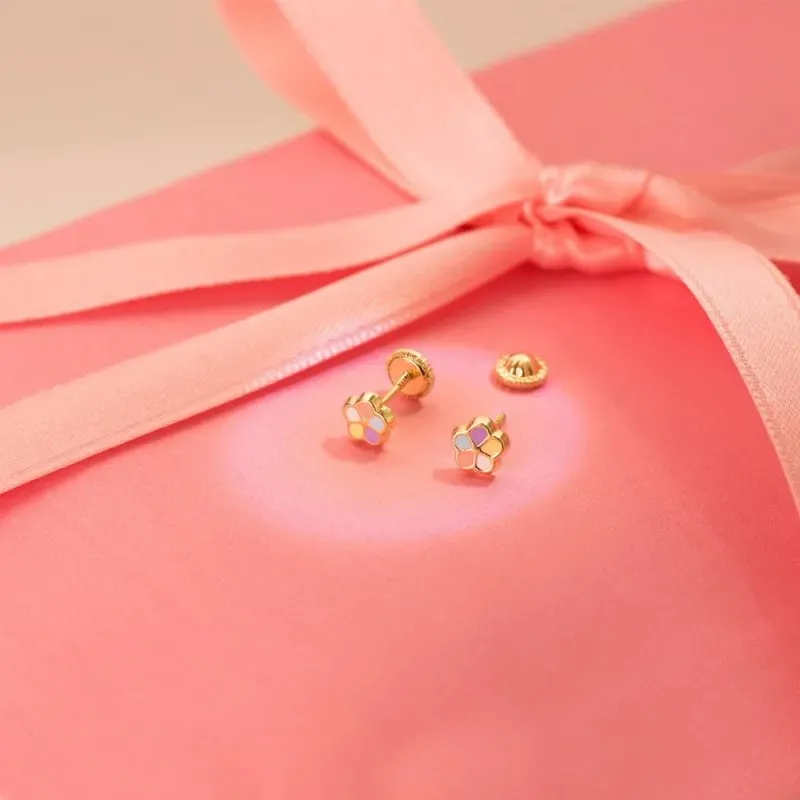 Pendientes Oro 18k niña 5.5 mm. forma flor esmaltada colores combinad