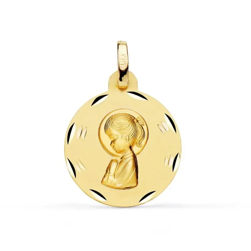 Virgen Niña Medalla Oro 9k de 16 mm. matizada y tallada