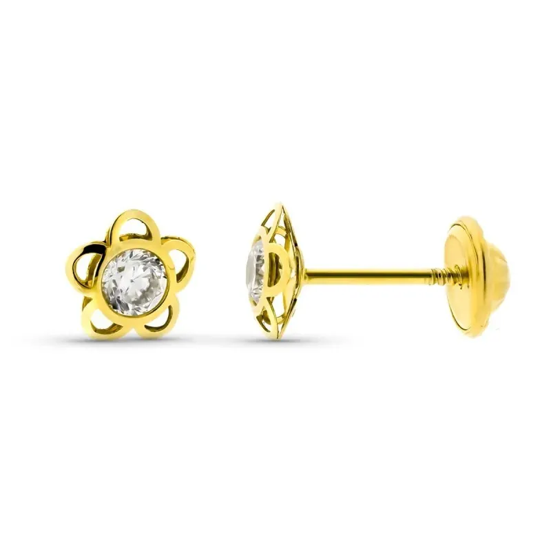 Pendientes en Oro de 9k con forma de flor calada de 6 mm. con circoni