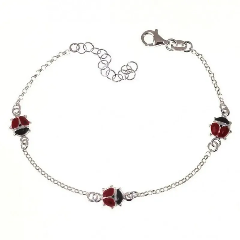 Pulsera Infantil en Plata de Ley 925m con 14 cm. con mariquitas esmal