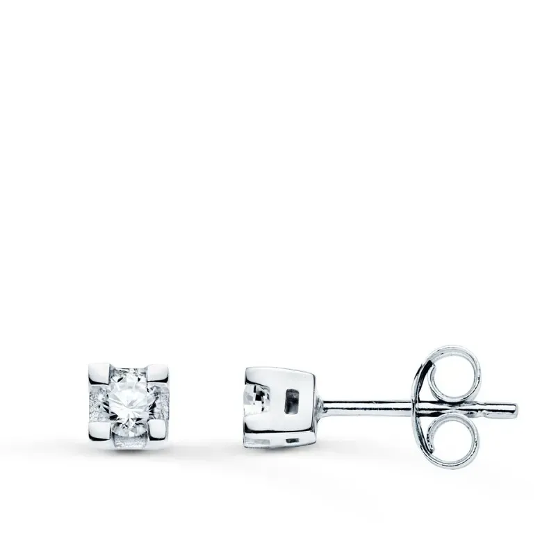 Pendientes oro blanco 18k mujer cuadrados dos diamantes 0.10ct. talla