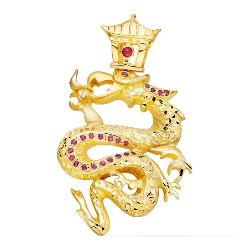 Colgante oro 18k unisex dragón combinado circonitas rojas detalles ta