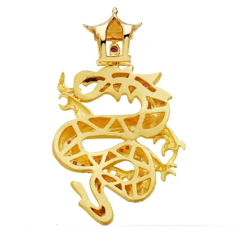Colgante oro 18k unisex dragón combinado circonitas rojas detalles ta