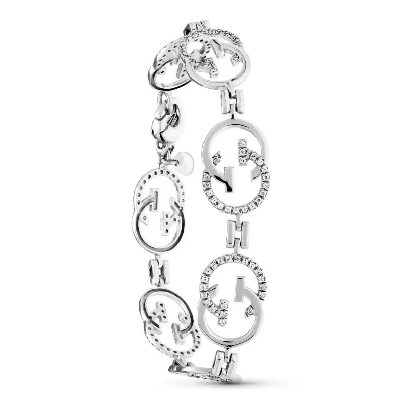 Pulsera oro blanco 18k mujer 19 cm. forma letra G entrelazada circoni