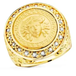 Sello oro 18k hombre 21 mm. medusa centro detalle greca cerco circoni