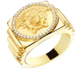 Sello oro 18k hombre ancho 19 mm. medusa centro cabeza círculo circon