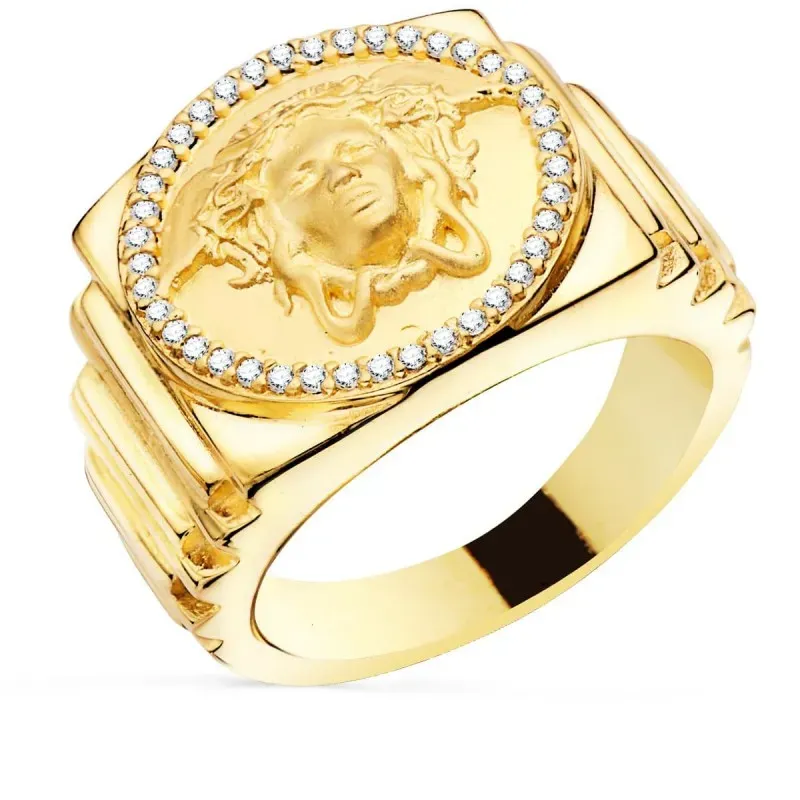 Sello oro 18k hombre ancho 19 mm. medusa centro cabeza círculo circon
