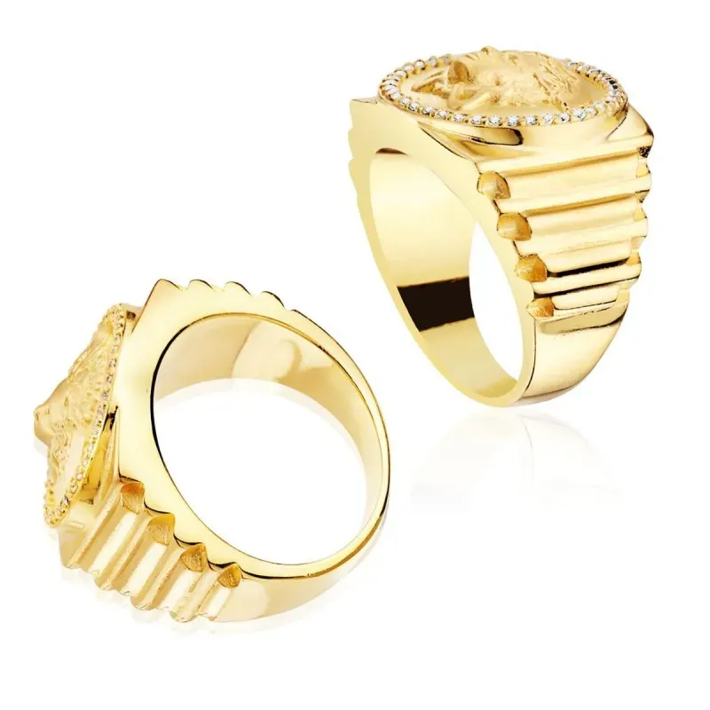 Sello oro 18k hombre ancho 19 mm. medusa centro cabeza círculo circon
