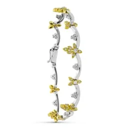 Pulsera oro bicolor 18k mujer eslabones ondulados flores circonitas