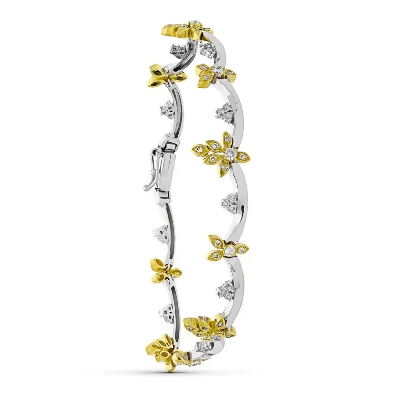 Pulsera oro bicolor 18k mujer eslabones ondulados flores circonitas