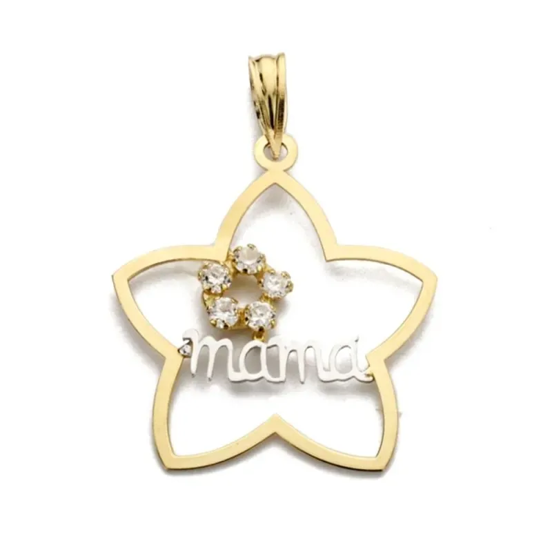 Colgante oro bicolor 18k mujer forma flor calada centro mensaje MAMÁ