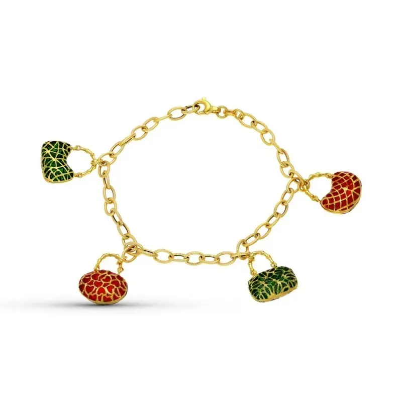 Pulsera oro 18k mujer eslabones detalles bolsos colgantes esmaltados