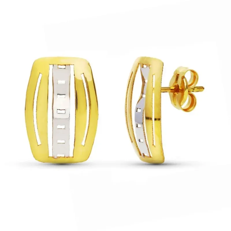 Pendientes oro bicolor 18k mujer barra vertical centro detalles calad