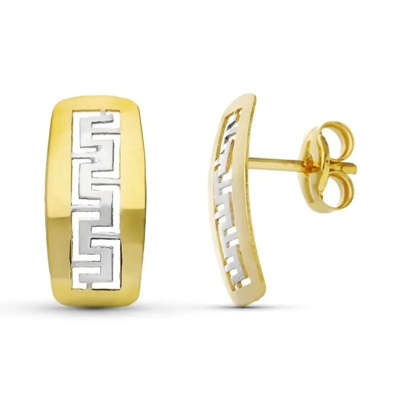 Pendientes oro bicolor 18k niña 11 mm. greca centro calado presión