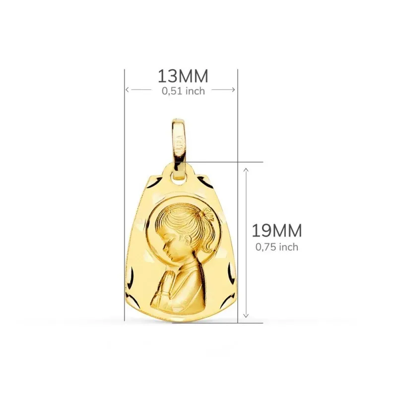 Virgen Niña medalla oro 18k Primera Comunión 19 mm. mate brillo detal