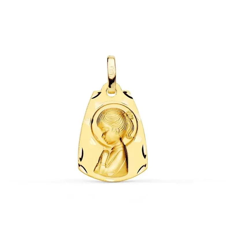 Virgen Niña medalla oro 18k Primera Comunión 19 mm. mate brillo detal