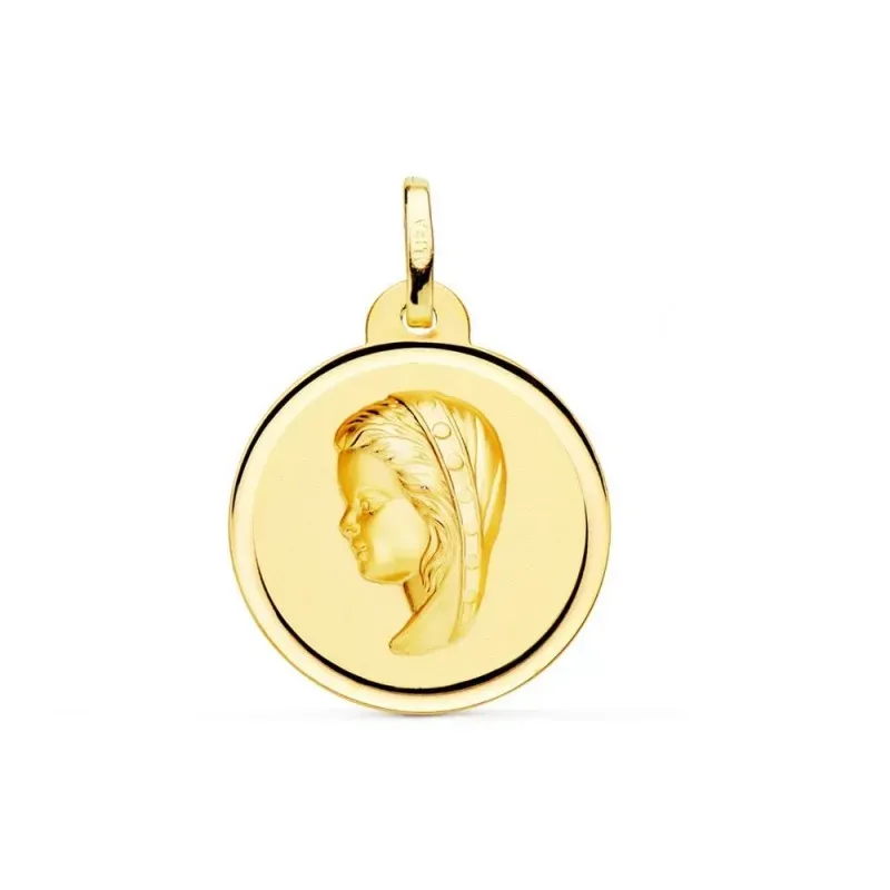 Virgen Niña medalla oro 18k Primera Comunión colgante 16 mm. bisel li