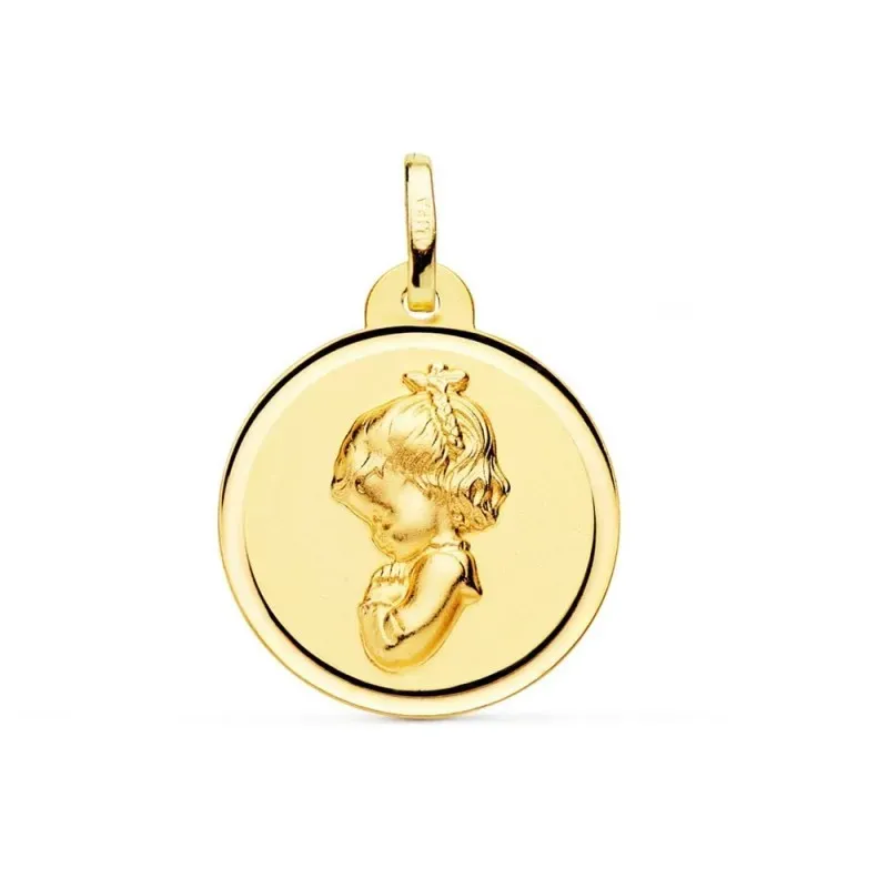 Virgen Niña medalla oro 18k Primera Comunión colgante 16 mm. rezando