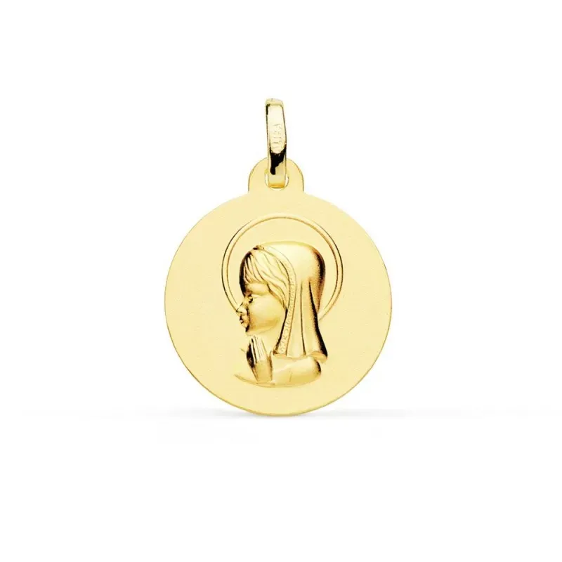 Virgen Niña medalla oro 18k Primera Comunión colgante 18 mm. lisa