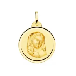 Virgen Niña medalla oro 18k Primera Comunión colgante 16 mm. bisel li