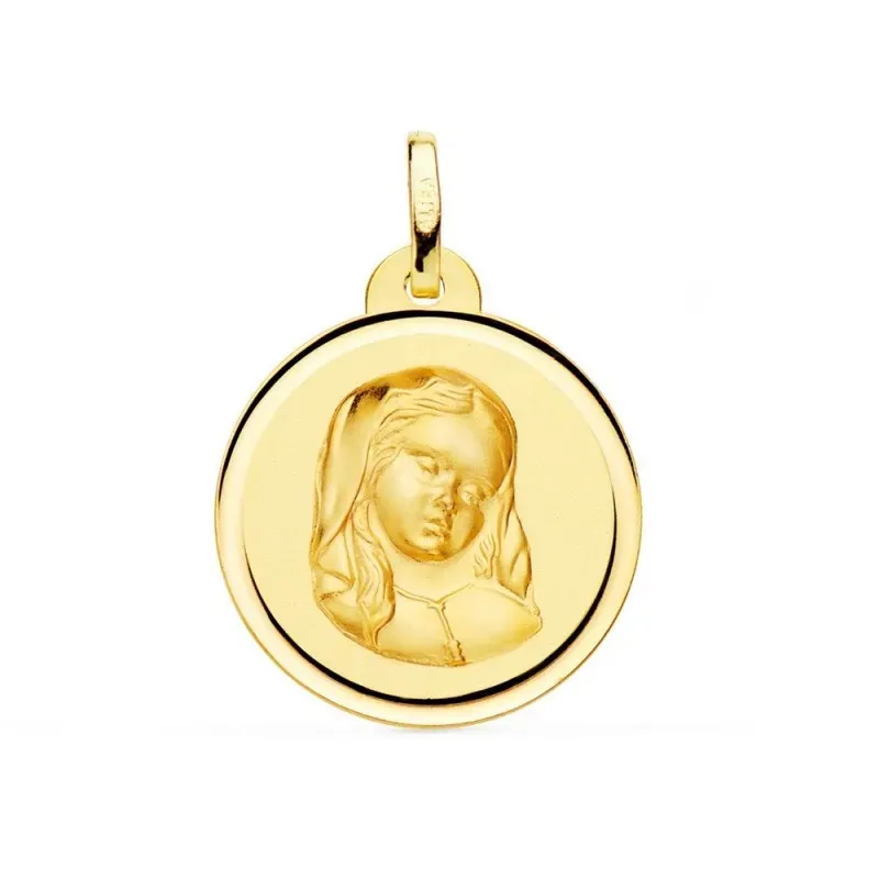 Virgen Niña medalla oro 18k Primera Comunión colgante 16 mm. bisel li