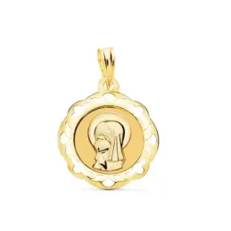Virgen Niña medalla oro 18k Primera Comunión colgante 20 mm. cerco ca
