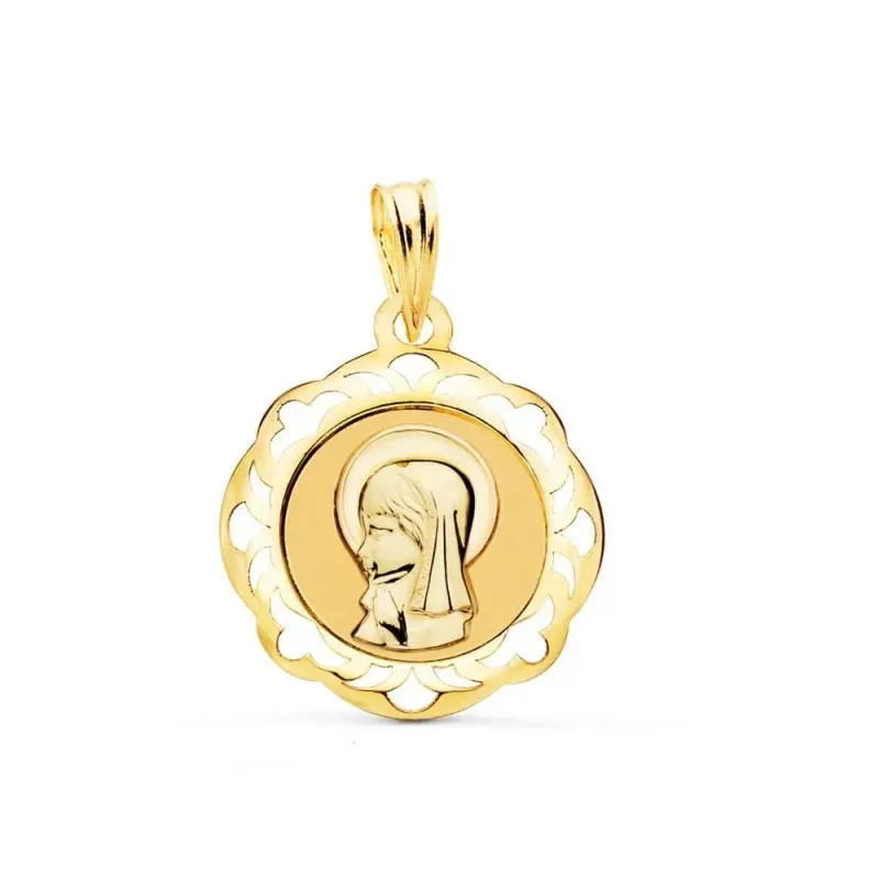 Virgen Niña medalla oro 18k Primera Comunión colgante 20 mm. cerco ca