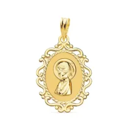 Virgen Niña medalla oro 18k Primera Comunión colgante 23 mm. ovalado