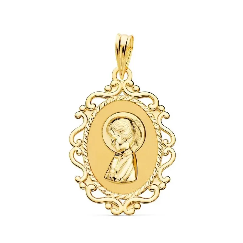 Virgen Niña medalla oro 18k Primera Comunión colgante 23 mm. ovalado
