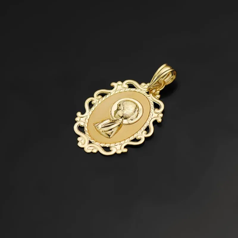 Virgen Niña medalla oro 18k Primera Comunión colgante 23 mm. ovalado