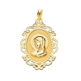 Virgen Niña medalla oro 18k Primera Comunión colgante 31 mm. fondo li