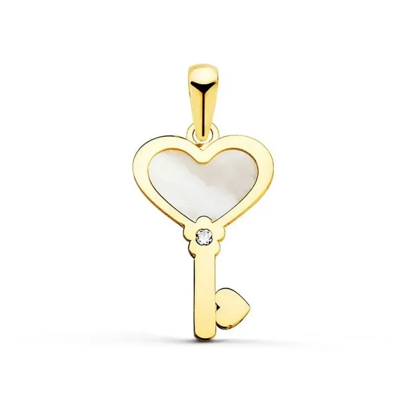 Colgante Oro 18k Nácar 18 mm. Llave Corazón Circonita mujer