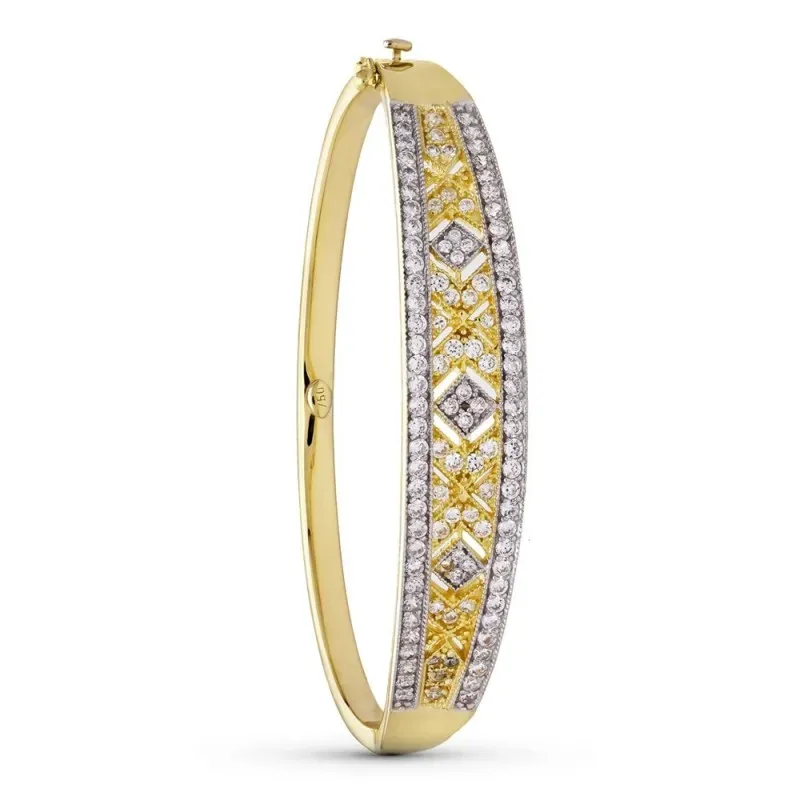 Pulsera Oro 18k bicolor circonitas calada rígida brazalete