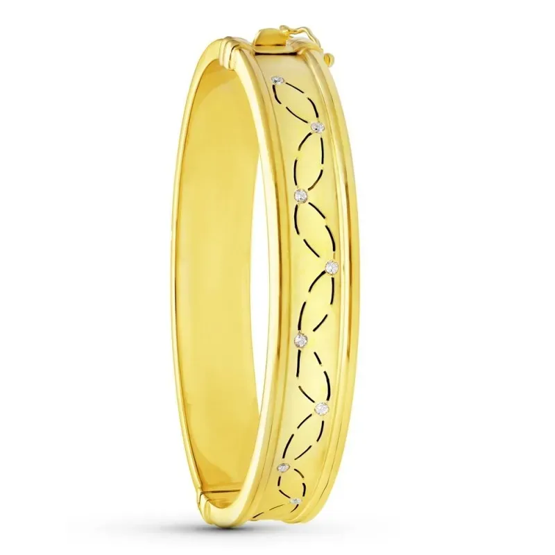 Pulsera Oro 18k rígida circonitas detalles brazalete