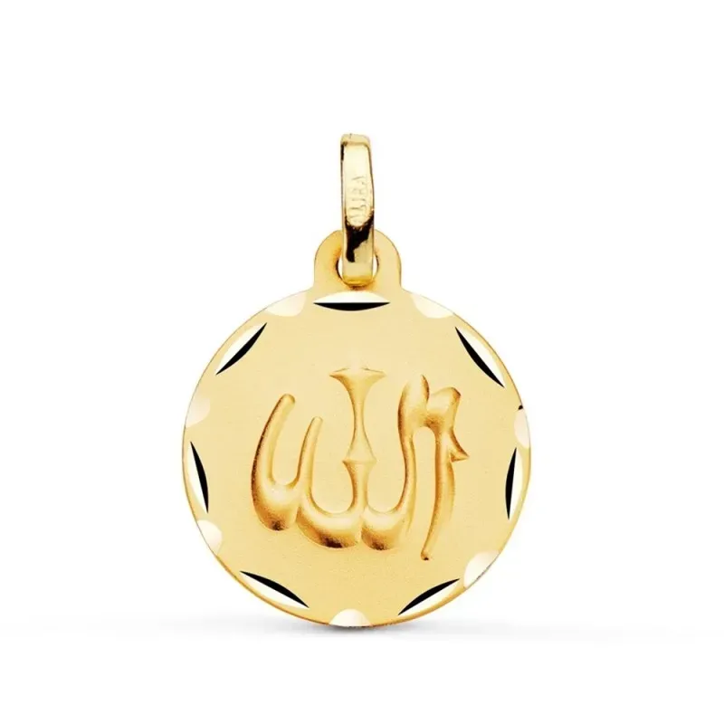 Colgante Oro 18k ALLAH ES GRANDE medalla 16 mm. relieve matizada bord