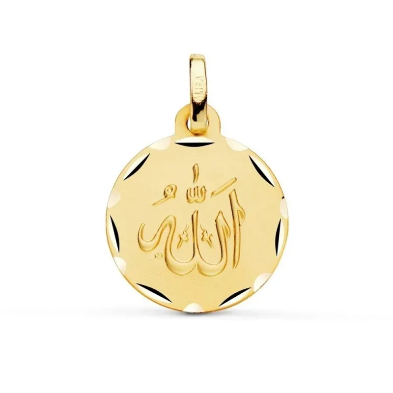 Colgante Oro 18k ALLAH ES GRANDE medalla 16 mm. relieve matizada bord
