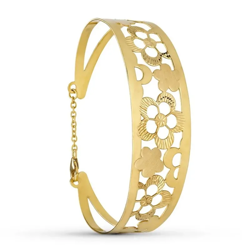 Pulsera Oro 18k rígida motivo flores detalles tallados caladas brazal