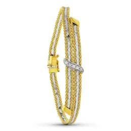 Pulsera Oro 18k bicolor detalle cruzado circonitas cadena malla