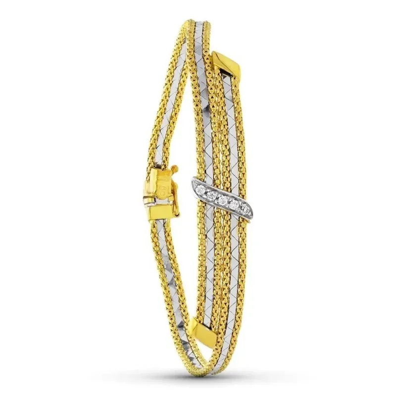 Pulsera Oro 18k bicolor detalle cruzado circonitas cadena malla
