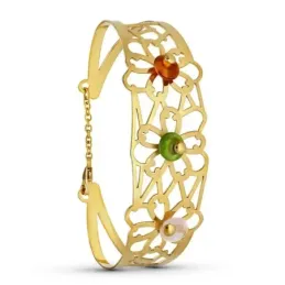 Pulsera Oro 18k rígida motivo flores caladas circonitas colores